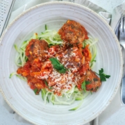 Meatballs in chilli tomato sauce on top of spiralised courgette. 