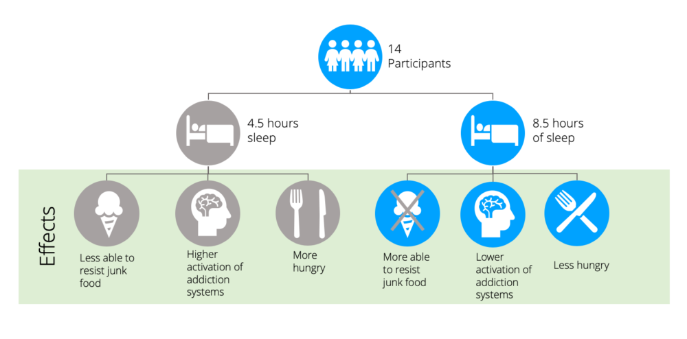 The different effects of 4.5 and 8.5 hours of sleep on hunger, cravings and brain reward system activation.
