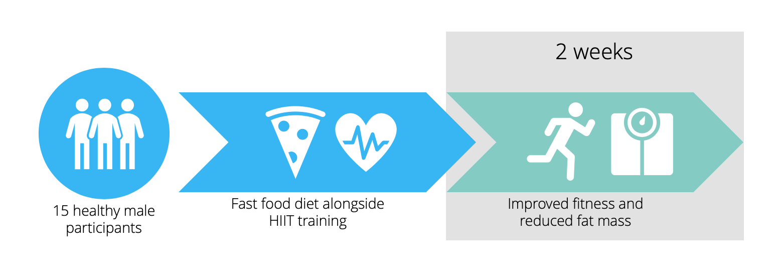 infographic explaining a small study that showed exercise to ameliorate the effects of a fast food diet. 