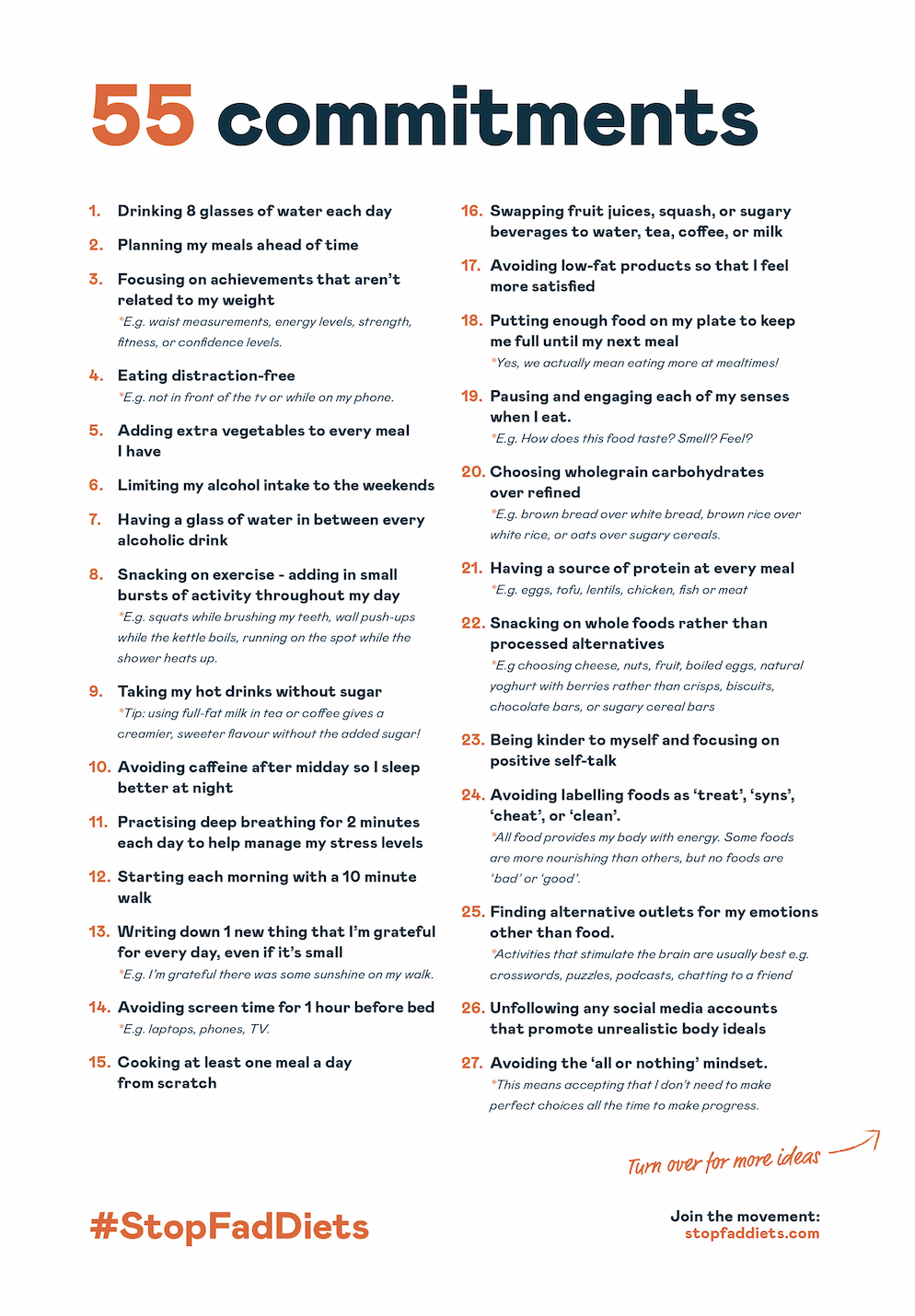 A list of 55 different commitments other than going on a fad diet