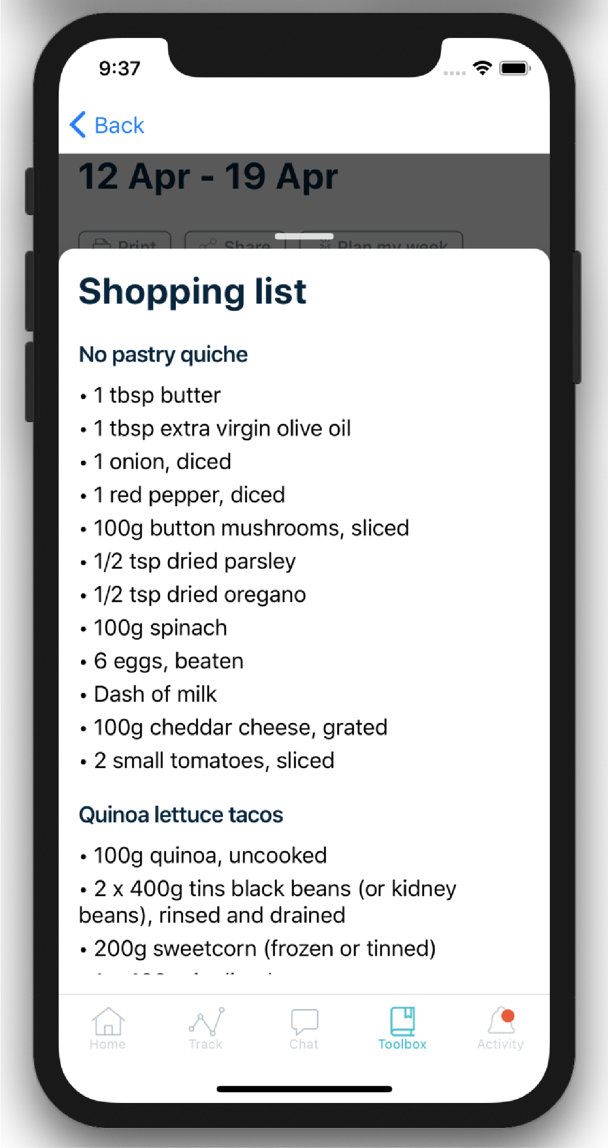 Screenshot of the Second Nature shopping list tool