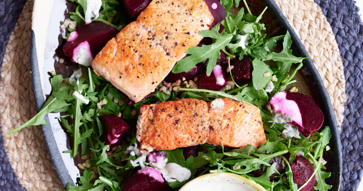 Warm salmon, beetroot and freekeh salad | Second Nature Guides