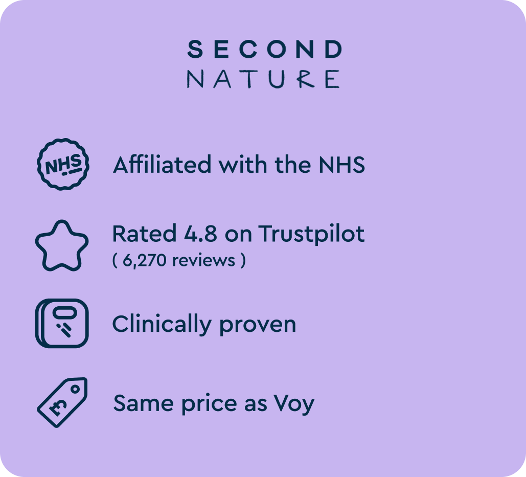 A graphic outlining the main differences between Voy and Second Nature weight loss programmes.