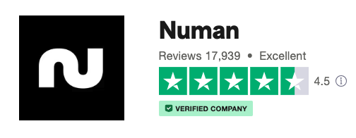 Numan's Trustpilot score is 4.5 based on over 17.,000 reviews and is rated as 'Excellent'. 