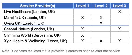 A table showing the different service providers for the NHS Digital Weight Management Programme