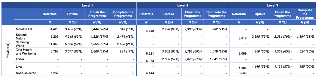 Completion and uptake percentages of the different service providers for the NHS digital weight management programme. 