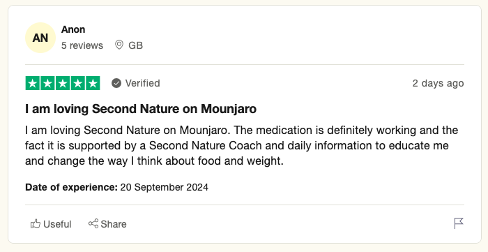 A Trustpilot review of Second Nature's Mounjaro weight-loss programme.