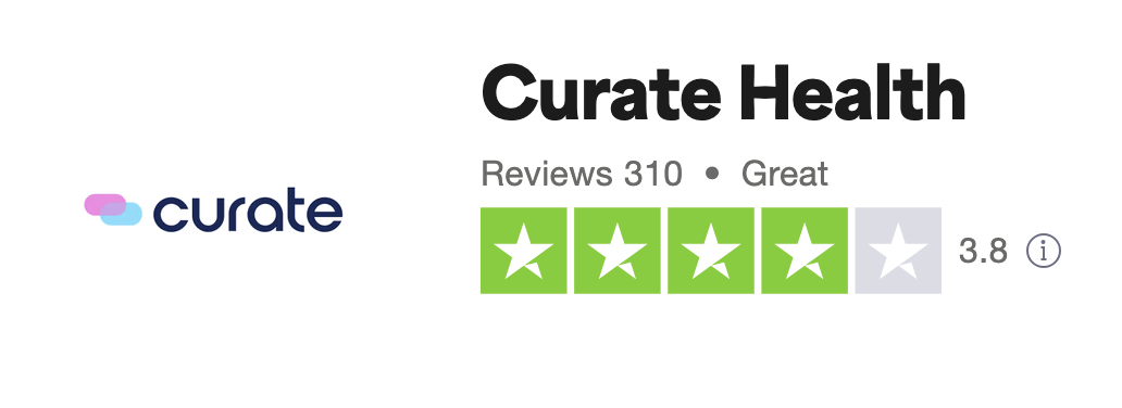 Curate Health's Trustpilot score. Based on 310 reviews they're rated as 'Good' with a score of 3.8.