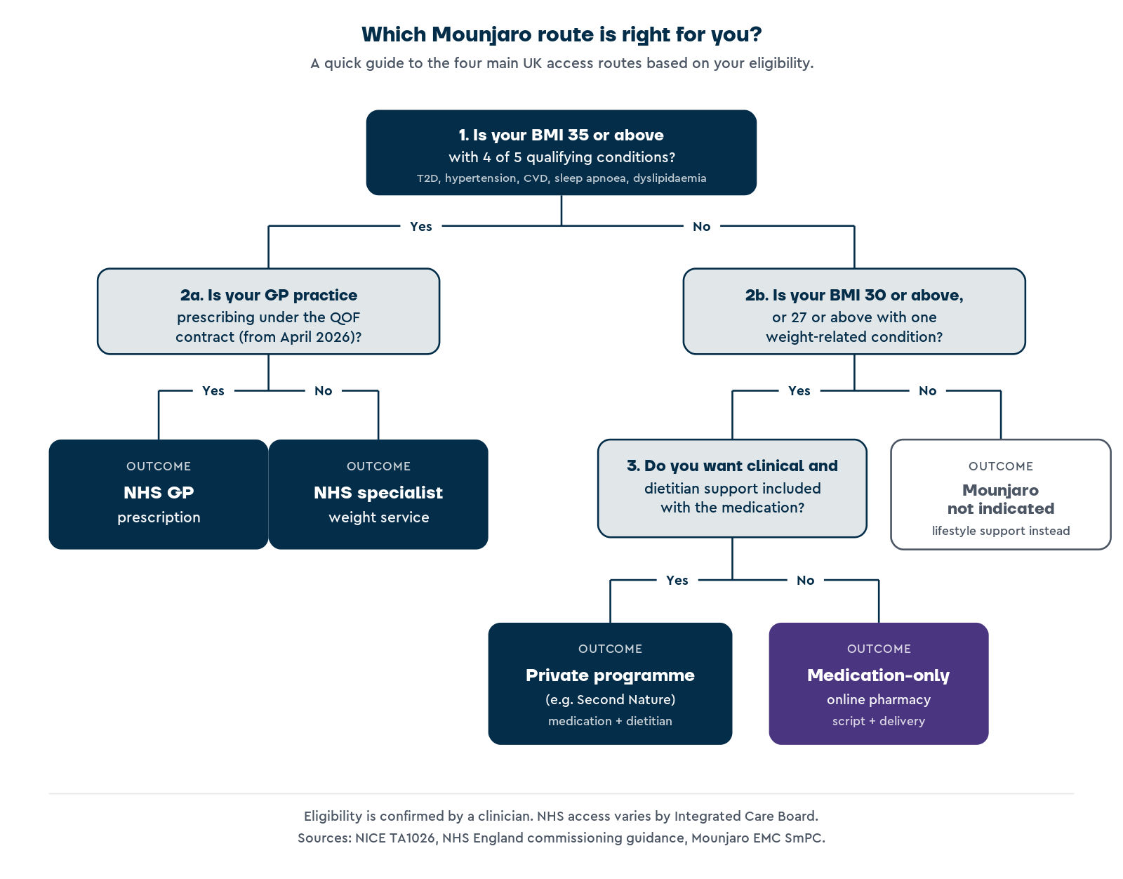 Decision flowchart with four steps showing how BMI, qualifying conditions, GP availability, and support preference route a UK patient to NHS GP, NHS specialist, private programme, private medication-only, or lifestyle support.