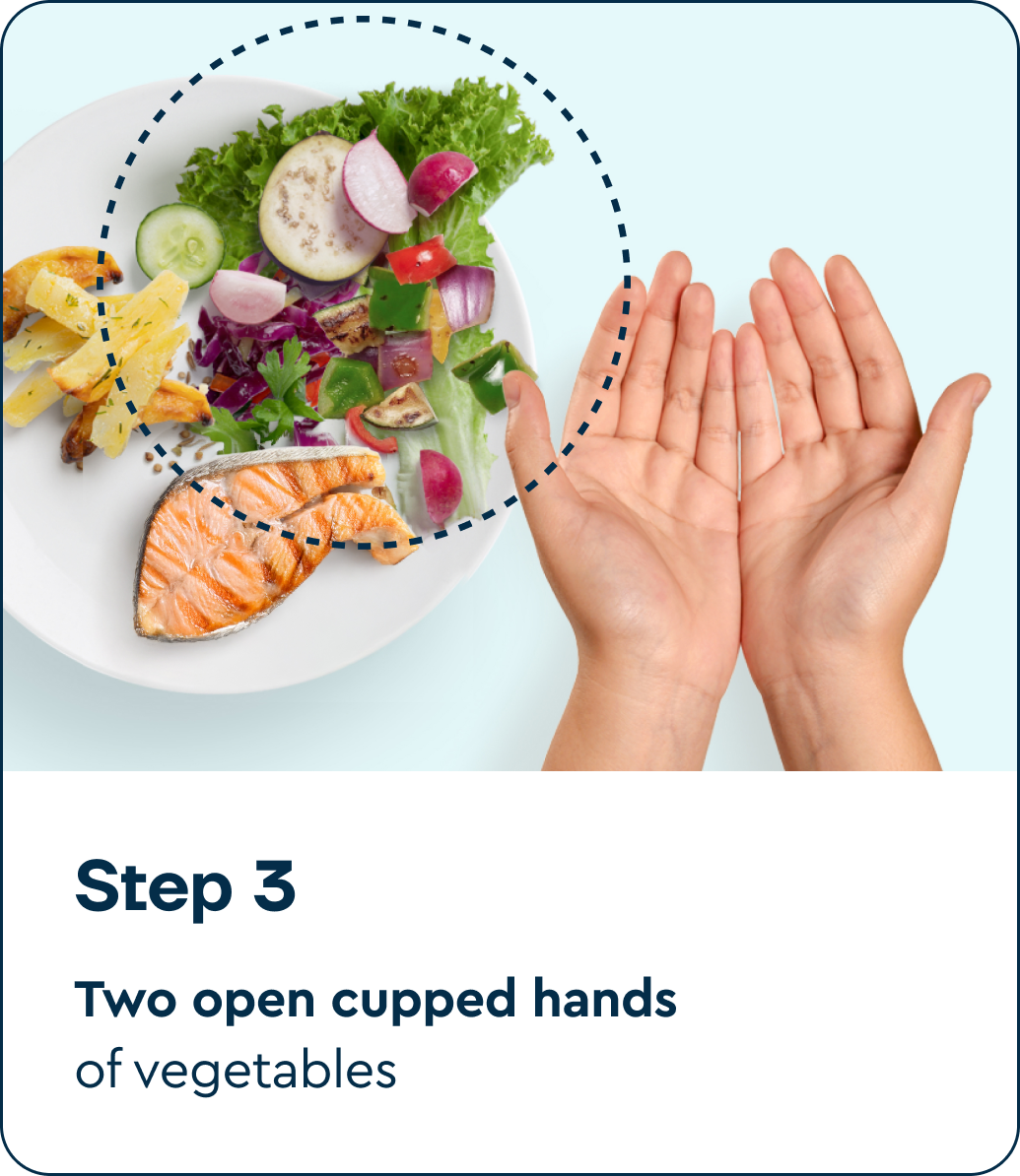 Two cupped hands showing the recommended vegetable portion - around 50% of a balanced meal