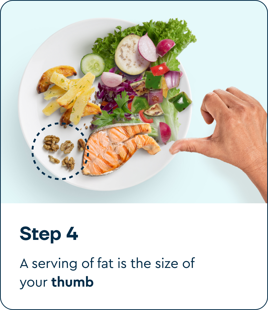 Thumb showing the recommended portion of fats from whole foods - around the size of your thumb per meal
