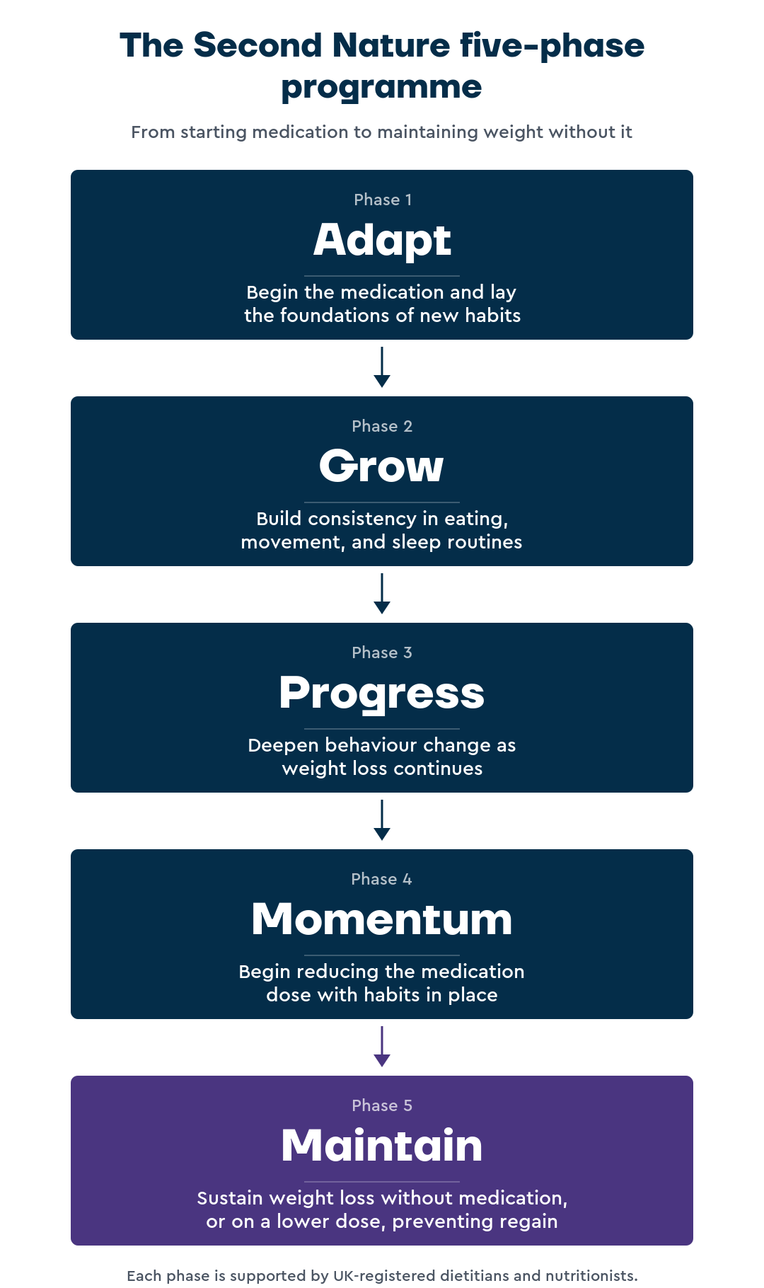 Five-phase timeline showing the Second Nature programme: Adapt for habit foundations and medication titration, Grow for building consistency, Progress for deepening behaviour change, Momentum for reducing medication dose, Maintain for regain prevention without medication.