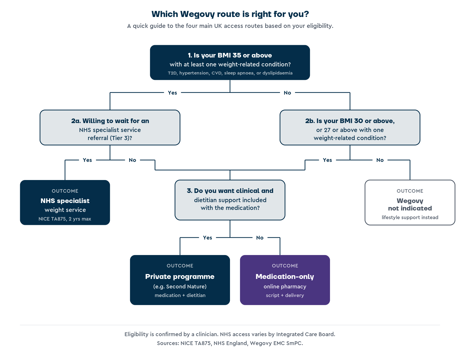 Decision flowchart with four steps showing how BMI, qualifying conditions, willingness to wait for an NHS specialist referral, and support preference route a UK patient to NHS specialist weight management service, private programme, private medication-only online pharmacy, or lifestyle support.