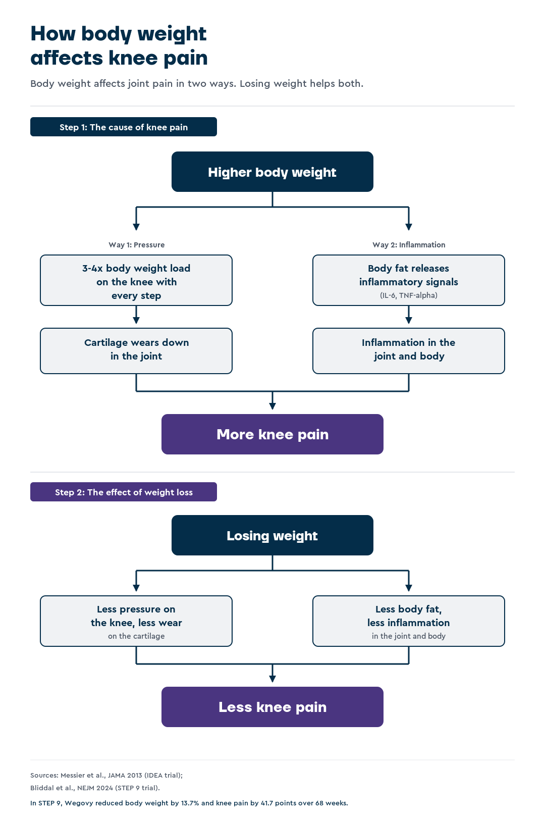 Diagram showing the mechanical pathway from body weight to knee compressive load to cartilage stress, and the inflammatory pathway from adipose tissue to IL-6 and TNF-alpha to joint inflammation, both converging on pain.
