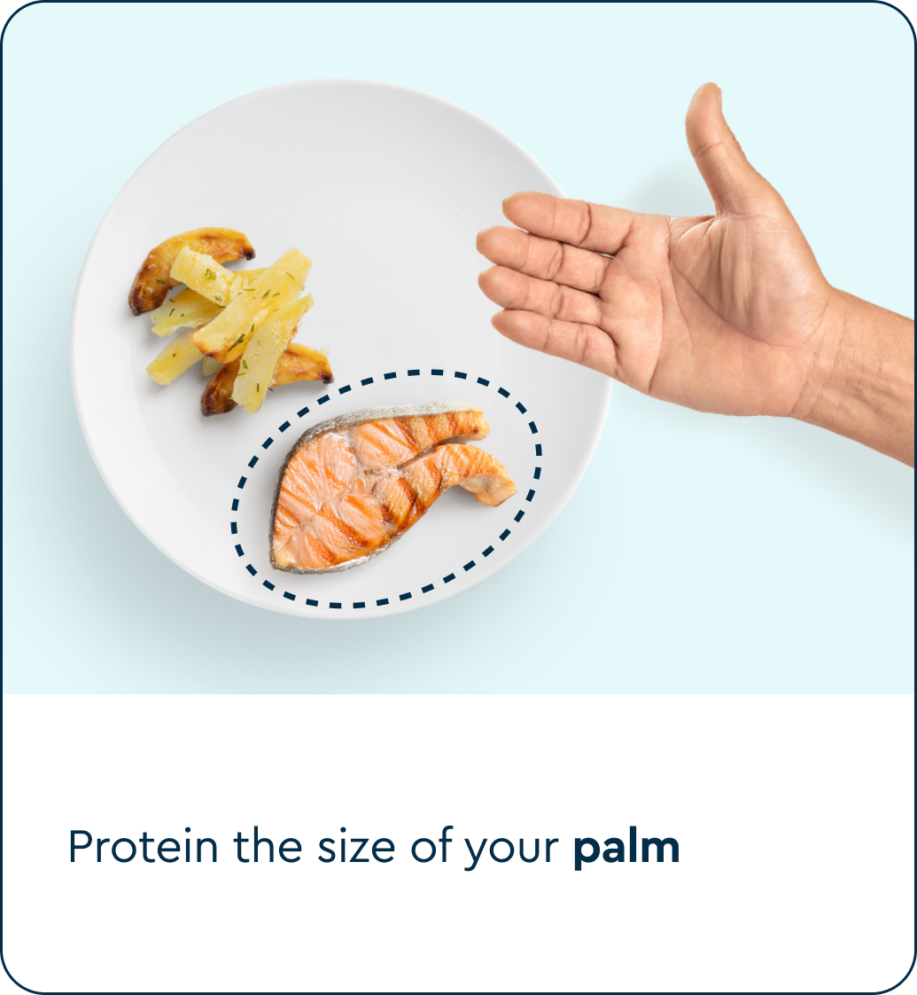 An open hand held beside a white plate to show portion size: a fillet of grilled salmon, circled, sitting next to a small serving of potatoes, illustrating that a protein portion should be about the size of your palm.