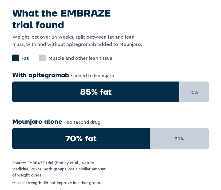 Two stacked bars comparing the make-up of weight lost over 24 weeks. With Mounjaro plus apitegromab, 85% of the weight lost was fat and 15% was lean mass. With Mounjaro alone, 70% was fat and 30% was lean mass.