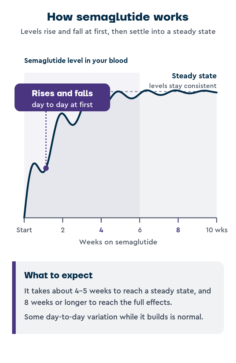 Line chart titled "How semaglutide works" showing semaglutide blood levels over 10 weeks. Levels rise and fall day to day at first, then settle into a steady, consistent state after about 4–6 weeks. It takes roughly 4–5 weeks to reach steady state and 8 weeks or longer for full effects.